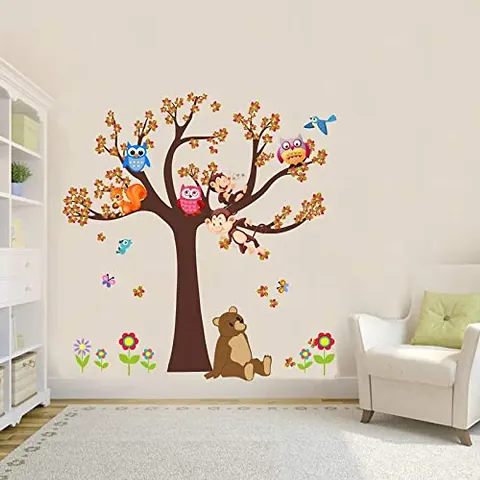 Global Graphics Decorative Tree Birds,owl,squral,Bear Animals Wall Sticker Multicolor(PVC Vinyl)