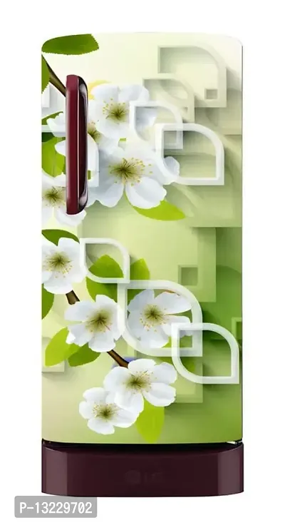 White Flowers with Green Branch 3D (Double Door Double Door Fridge Wall Sticker )