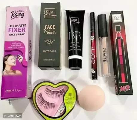 Combo of 8 Product  Fixer Concealer Bb Cream and Primer Puff and Eyelashes and 5in1 Lipstick