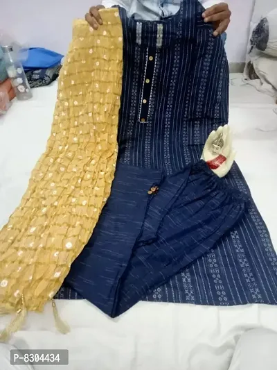 Party Wear Navy Blue Cotton Kurti Pant With Beige Dupatta Set