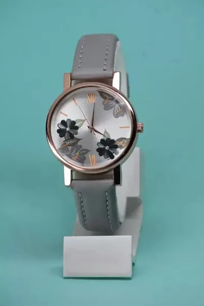 Stylish Grey Genuine Leather Analog Watches For Women