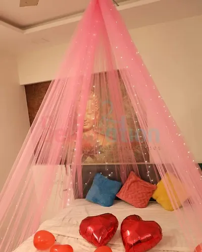 Pink Cloth Birthday Decoration Net Curtain Combo With Led Light