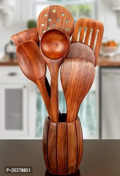 Wooden Spoon Set With Barrel Shaped Spoon Holder-Stand Set Of 8 (7Spoons - 1 Holder-Stand)-thumb0