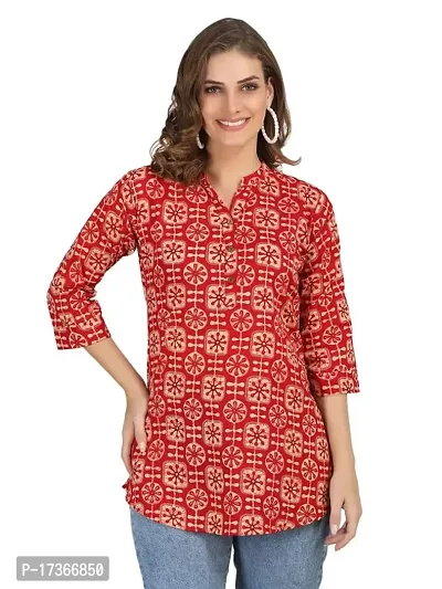 SHUKRANA Women's Cotton Printed Mandarin Collar Tunic Top