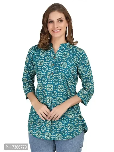 SHUKRANA Women's Cotton Printed Mandarin Collar Tunic Top