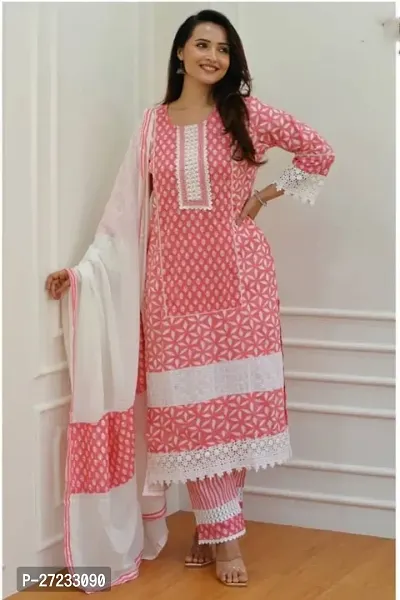 Elegant Pink Cotton Kurta, Bottom And Dupatta Set For Women