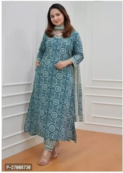 Designer Teal Cotton Kurta With Bottom And Dupatta Set For Women