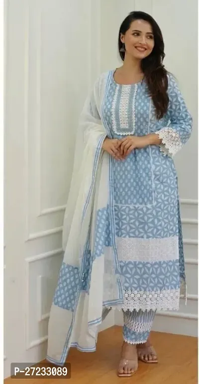 Elegant Blue Cotton Kurta, Bottom And Dupatta Set For Women