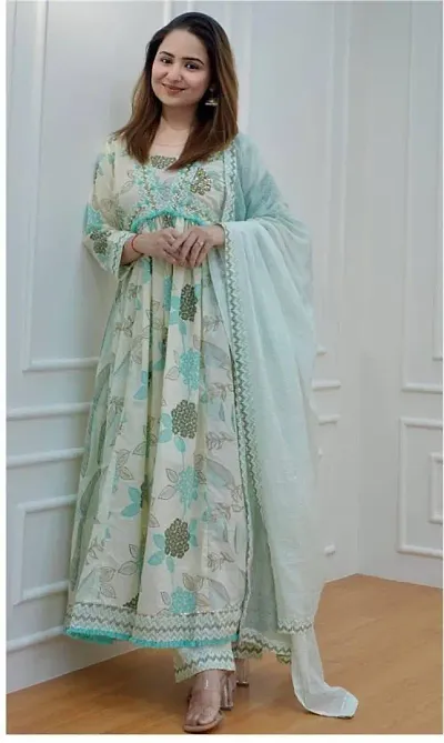 Elegant Cotton Embroidered Anarkali Kurta Bottom Dupatta Set