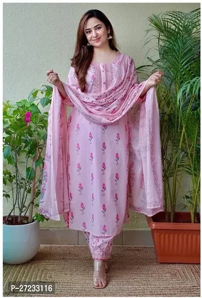 Elegant Pink Cotton Kurta, Bottom And Dupatta Set For Women