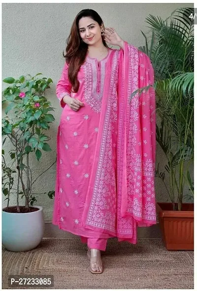 Elegant Pink Cotton Kurta, Bottom And Dupatta Set For Women-thumb0