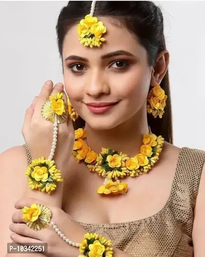 Artificial Flowers Jewellery Set Necklace, Earrings, Bracelet  Maang Tika for Women  Girls ( Mehandi/Haldi/Wedding/Bridal/Baby Shower )-thumb0