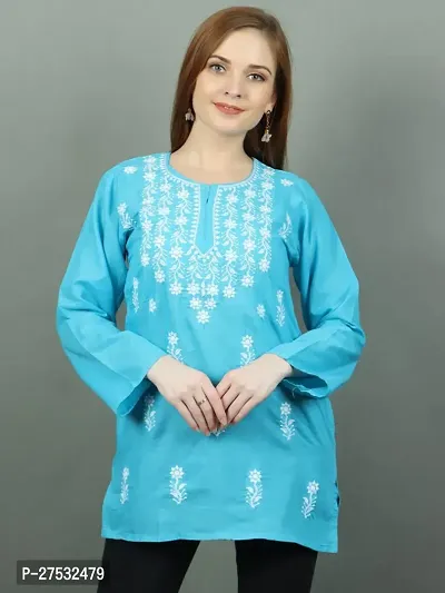 Trendy Blue Embroidered Cotton Short Kurti For Women-thumb0