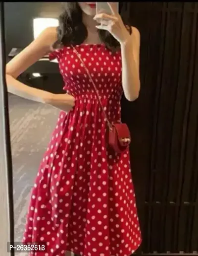 Stylish Red Rayon Polka Dot Print A-Line Dress For Women