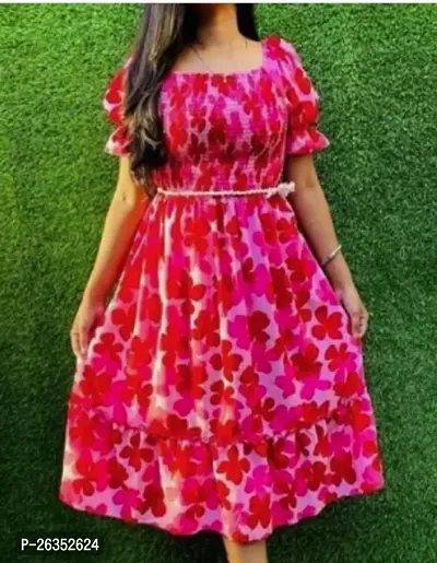 Stylish Pink Rayon Printed A-Line Dress For Women