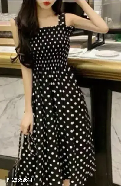 Stylish Black Rayon Polka Dot Print A-Line Dress For Women