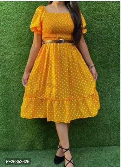 Stylish Yellow Rayon Polka Dot Print A-Line Dress For Women