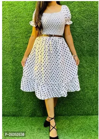 Stylish White Rayon Polka Dot Print A-Line Dress For Women