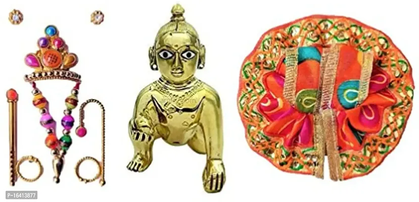 Size 1 Laddu Gopal Thakur Ji Statue Pital Brass Murti Kanha Ji With Pushak Mukut,Metal Baby Krishna Bal Gopal Thakurji Size 1 Decorative Showpiece Decorative Showpiece - 6 Cm Brass, Multicolor-thumb0