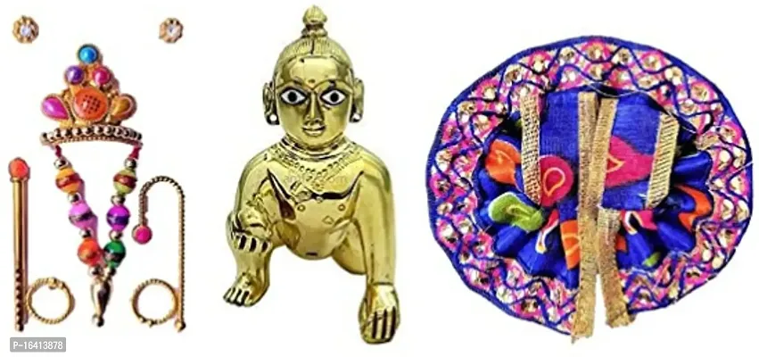 Laddu Gopal Thakur Ji Statue Pital Brass Murti Kanha Ji With Pushak Mukut ,Metal Baby Krishna Bal Gopal Thakurji Size 3 Decorative Showpiece Decorative Showpiece - 8 Cm Brass, Multicolor-thumb0