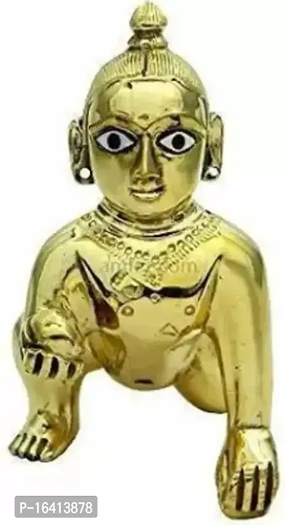 Laddu Gopal Thakur Ji Statue Pital Brass Murti Kanha Ji With Pushak Mukut ,Metal Baby Krishna Bal Gopal Thakurji Size 3 Decorative Showpiece Decorative Showpiece - 8 Cm Brass, Multicolor-thumb2