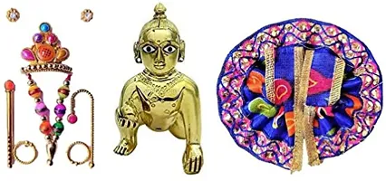 Laddu Gopal Thakur Ji Statue Pital Brass Murti Kanha Ji With Pushak Mukut ,Metal Baby Krishna Bal Gopal Thakurji Size 4 Decorative Showpiece Decorative Showpiece - 10 Cm Brass, Multicolor-thumb1