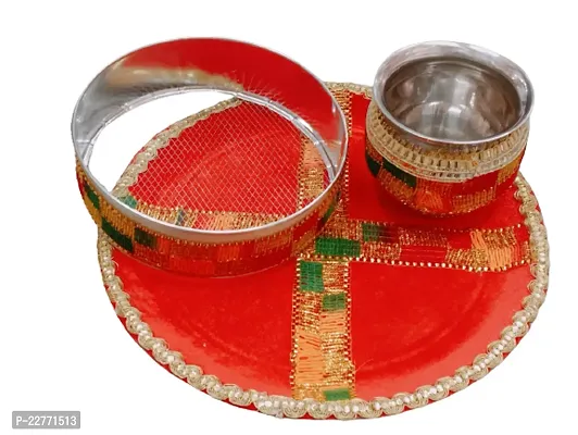 Hemrishi Enterprises Karwa Chauth Puja Thali, Puja Kalash,  Channi for Chand Set Steel Steel  (1 Pieces, Red)-thumb0