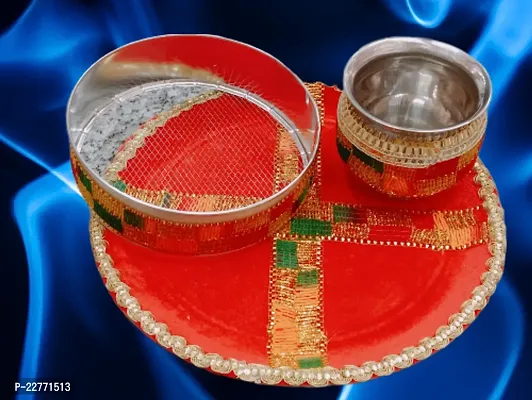 Hemrishi Enterprises Karwa Chauth Puja Thali, Puja Kalash,  Channi for Chand Set Steel Steel  (1 Pieces, Red)-thumb2