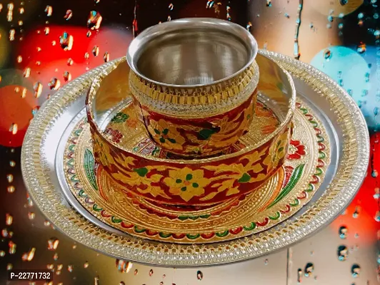 Hemrishi Enterprises MEENAKARI karwachauth Pooja Thali Set(Channi Kalash/Lota,Diya  Thali) Set of 1 Steel  (1 Pieces, Multicolor)