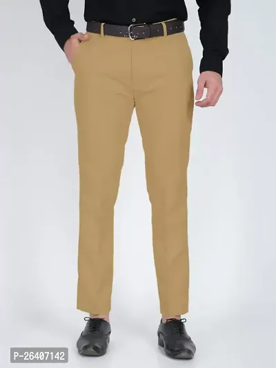 Stylish Beige Cotton Blend Solid Regular Trousers For Men-thumb0