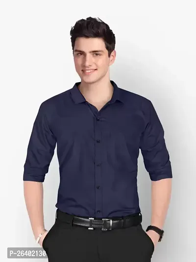 Reliable Navy Blue Cotton Blend Solid Long Sleeves Formal Shirts For Men-thumb0