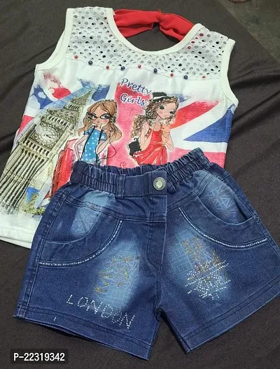 Stylish Cotton Printed Top with Shorts Set For Girls
