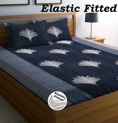 WELLNEST? Elastic Fitted 100% Cotton Feel Printed King Size Double Bed Bedsheet with 2 Pillow Cover (72