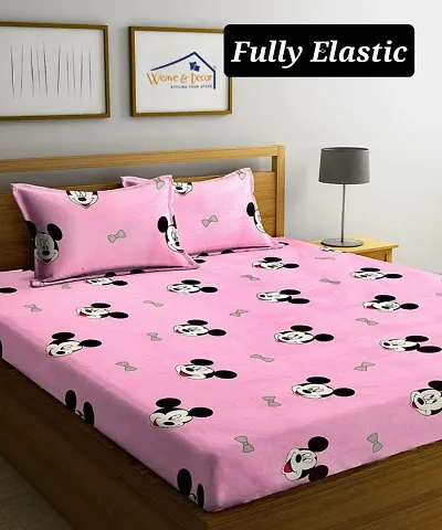 WELLNEST? Elastic Fitted 100% Cotton Feel Printed King Size Double Bed Bedsheet with 2 Pillow Cover (72""x78"" Upto 6"" Mattress)