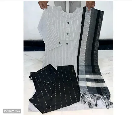 Elegant Cotton Blend Striped Kurta with Bottom And Dupatta Set For Women-thumb0