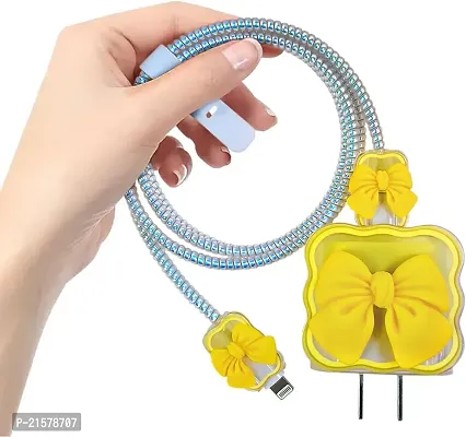 STRAPY 360 Full Protection for iPhone Charger with Lovely Design 3D Love Heart/Bow, Data Cable Bite USB Wire Saver Protector Fit for Apple 11 12 13 14 Pro Max Charger (Bow Shape, Yellow)