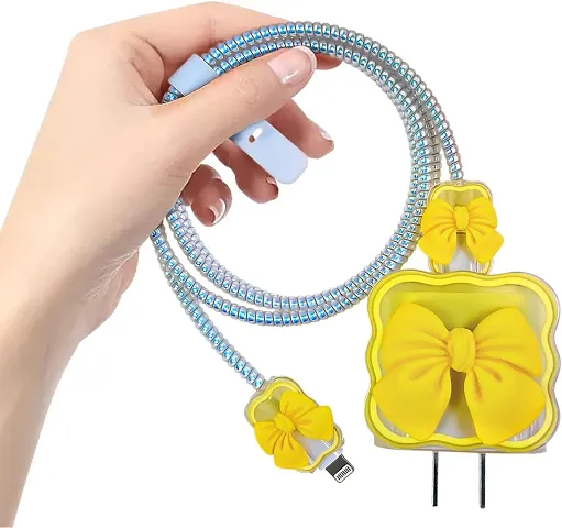 STRAPY 360 Full Protection for iPhone Charger with Lovely Design 3D Love Heart/Bow, Data Cable Bite USB Wire Saver Protector Fit for Apple 11 12 13 14 Pro Max Charger (Bow Shape, Yellow)