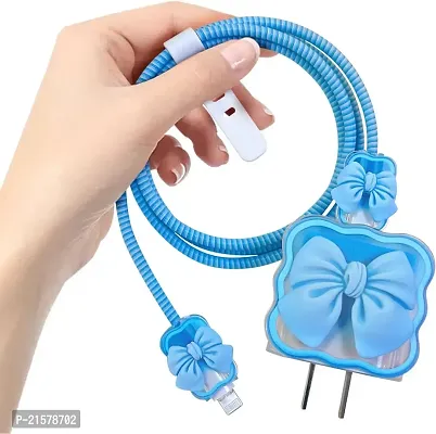 STRAPY 360 Full Protection for iPhone Charger with Lovely Design 3D Love Heart/Bow, Data Cable Bite USB Wire Saver Protector Fit for Apple 11 12 13 14 Pro Max Charger (Bow Shape, Blue)-thumb0