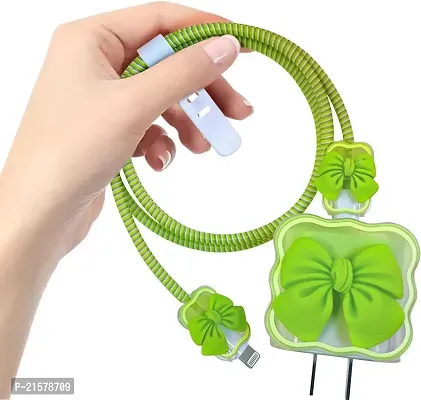 STRAPY 360 Full Protection for iPhone Charger with Lovely Design 3D Love Heart/Bow, Data Cable Bite USB Wire Saver Protector Fit for Apple 11 12 13 14 Pro Max Charger (Bow Shape, Green)-thumb0