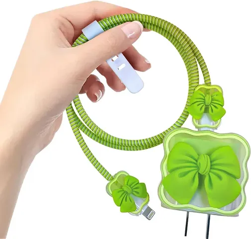 STRAPY 360 Full Protection for iPhone Charger with Lovely Design 3D Love Heart/Bow, Data Cable Bite USB Wire Saver Protector Fit for Apple 11 12 13 14 Pro Max Charger (Bow Shape, Green)