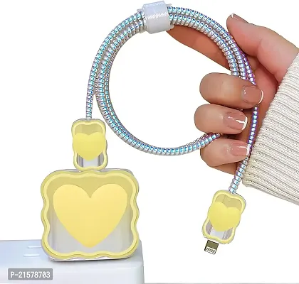 STRAPY 360 Full Protection for iPhone Charger with Lovely Design 3D Love Heart/Bow, Data Cable Bite USB Wire Saver Protector Fit for Apple 11 12 13 14 Pro Max Charger (Heart Shape, Yellow)