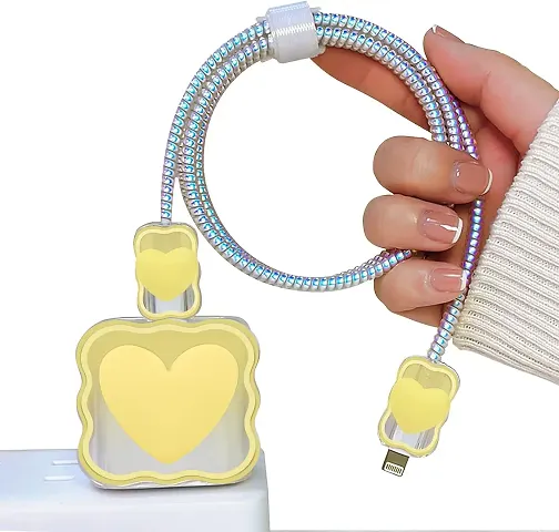STRAPY 360 Full Protection for iPhone Charger with Lovely Design 3D Love Heart/Bow, Data Cable Bite USB Wire Saver Protector Fit for Apple 11 12 13 14 Pro Max Charger (Heart Shape, Yellow)