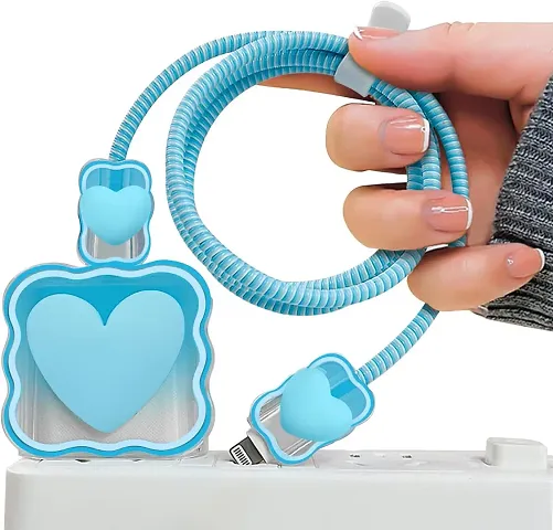 STRAPY 360 Full Protection for iPhone Charger with Lovely Design 3D Love Heart/Bow, Data Cable Bite USB Wire Saver Protector Fit for Apple 11 12 13 14 Pro Max Charger (Heart Shape, Blue)