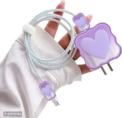 STRAPY 360 Full Protection for iPhone Charger with Lovely Design 3D Love Heart/Bow, Data Cable Bite USB Wire Saver Protector Fit for Apple 11 12 13 14 Pro Max Charger (Heart Shape, Purple)