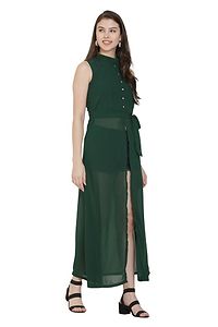 Alluring Green Solid Georgette Maxi Dress For Women And Girls-thumb2