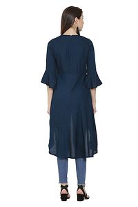 Alluring Navy Blue Printed Cotton Rayon Blend High Low Dress For Women And Girls-thumb1