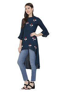 Alluring Navy Blue Printed Cotton Rayon Blend High Low Dress For Women And Girls-thumb3