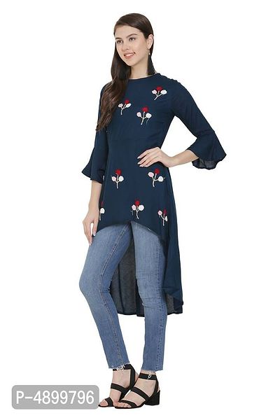 Alluring Navy Blue Printed Cotton Rayon Blend High Low Dress For Women And Girls-thumb4