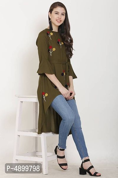 Alluring Olive Printed Cotton Rayon Blend High Low Dress For Women And Girls