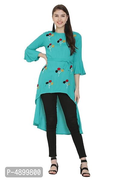 Alluring Turquoise Printed Cotton Rayon Blend High Low Dress For Women And Girls